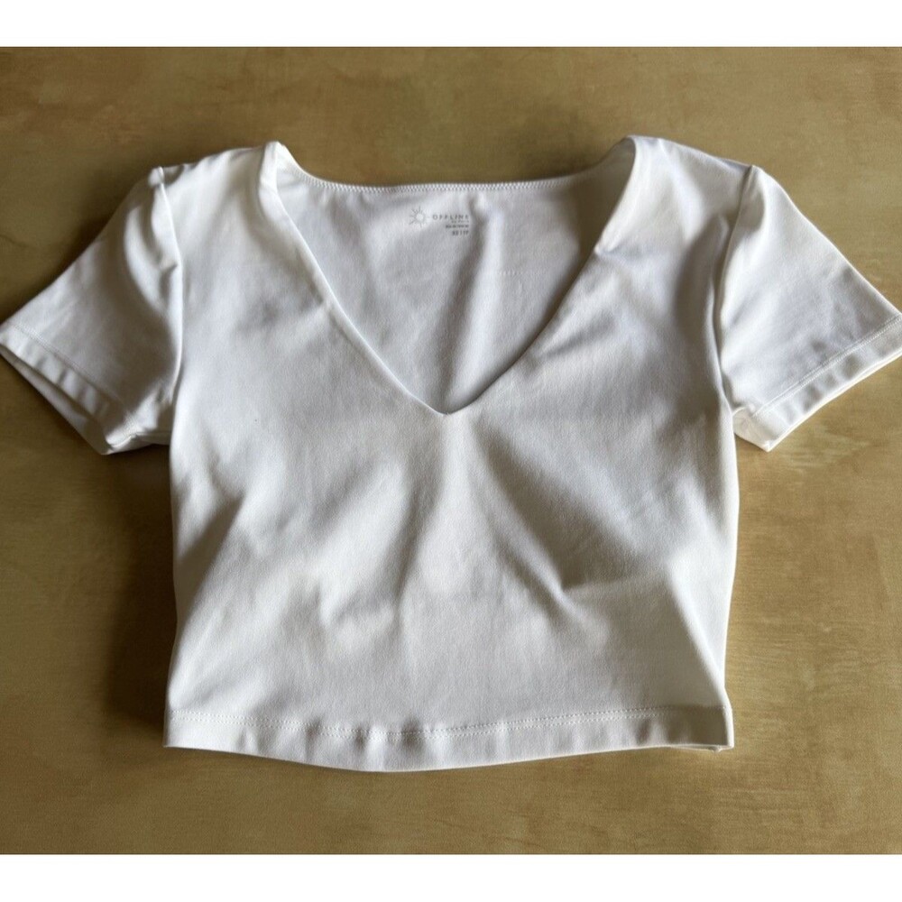 Aerie Offline American Eagle Cropped Shirt Shelf-bra lining White XS V-neck